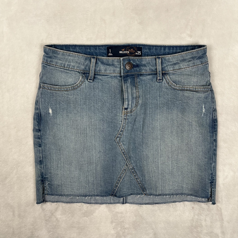 Hollister Skirt Womens 1 Blue Denim Distressed Raw Hem Mini Casual Pockets